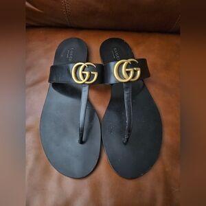 Gucci Marmont Authentic Black Sandals with Gold Double G Size 41